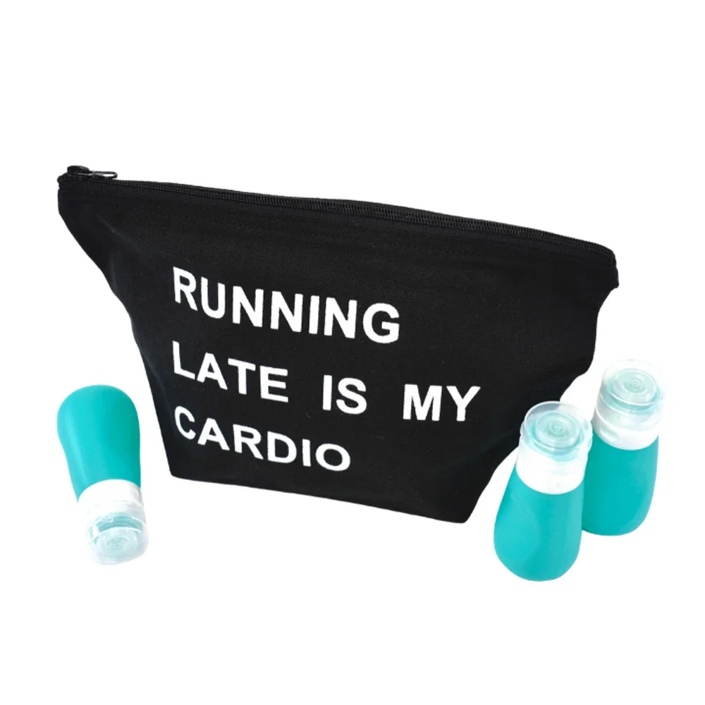 Running Late Is My Cardio Makeup Bag Set w Travel Bottles NEW